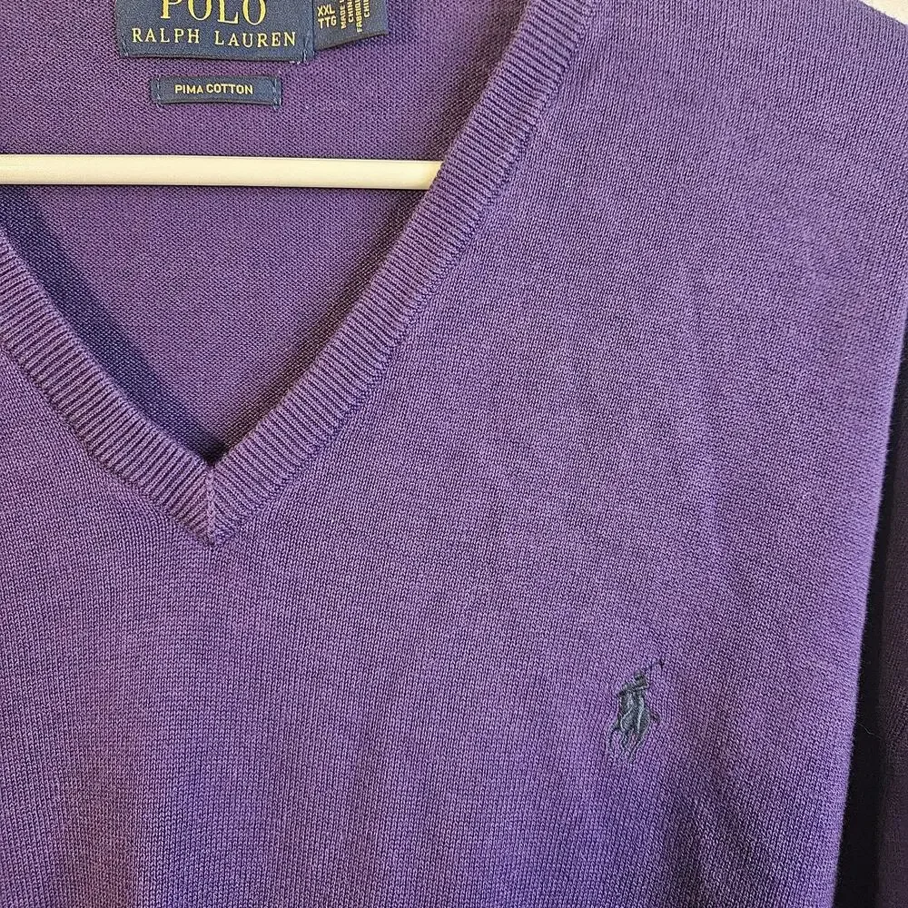Polo Ralph Lauren Purple Pima Cotton V-Neck Pullover Sweater Men's Size XXL - Picture 2 of 5